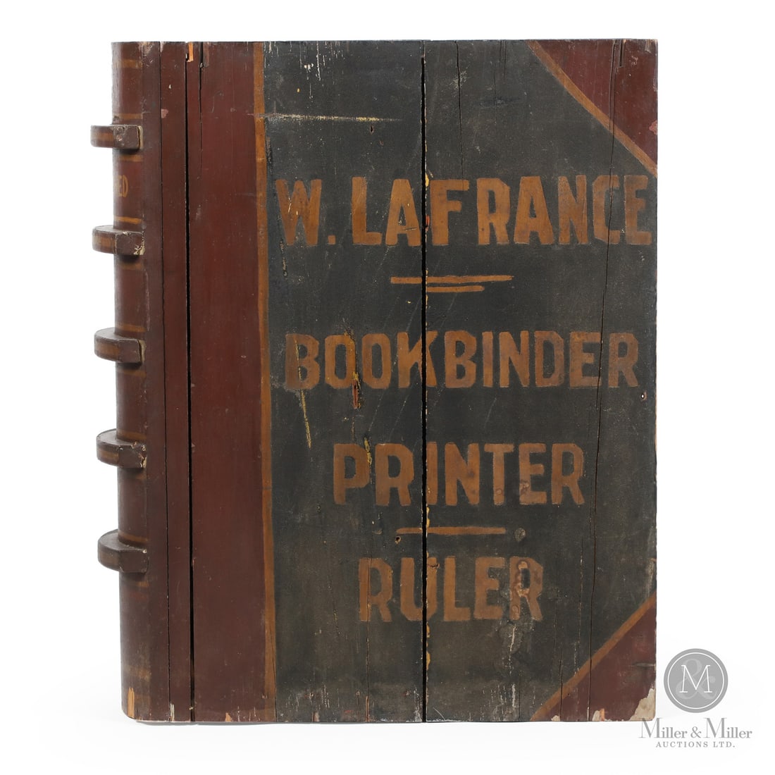 "W. Lafrance" Book Trade Sign: Canadian. Wood. A large bilingual bookbinder's trade sign marked on one side, "W. Lafrance, Bookbinder Printer, Ruler", and on the other side in a weathered surface, "W. Lafrance, Imprimeur, Relieur,