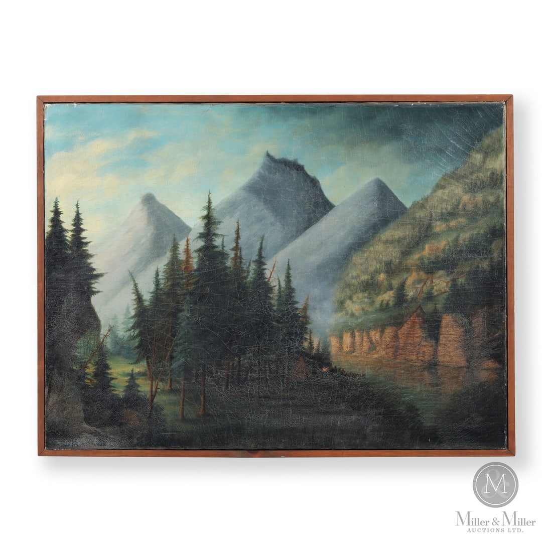 Chief Beaver "Three Sisters" Oil on Canvas: Canadian. Canvas. A large oil on canvas by Chief James Beaver (1846-1925) showing the 'Three Sisters' mountains adjacent to the Bow River valley (foreground) near Canmore, Alberta. Regarded as one of