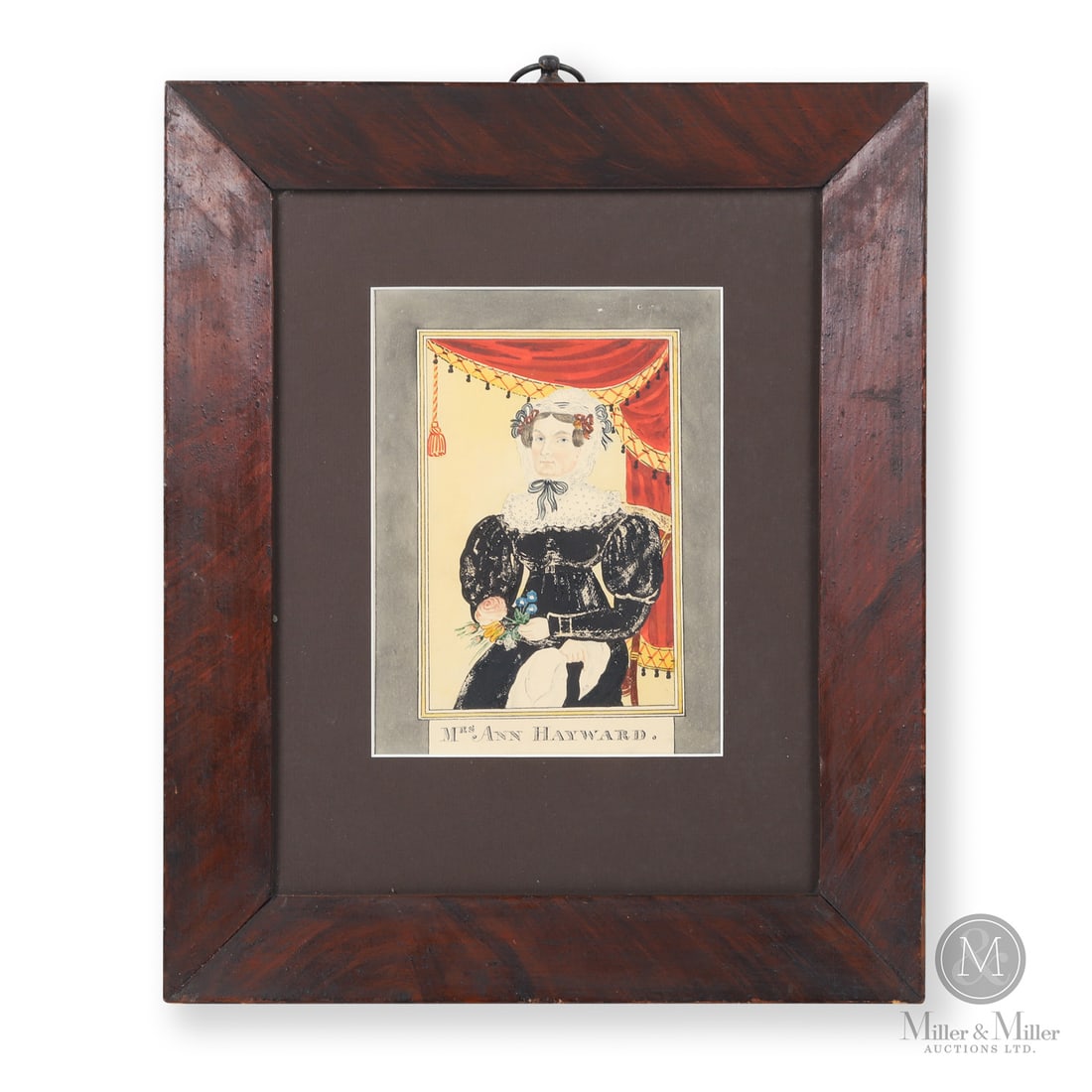 Thomas Macdonald "Mrs Ann Hayward": Canadian. Paper. A rare watercolour on paper by Thomas Macdonald (1784/85-1862) of "Mrs Ann Hayward." In very good condition and retaining excellent colour, the picture shows Mrs Hayward clutching a