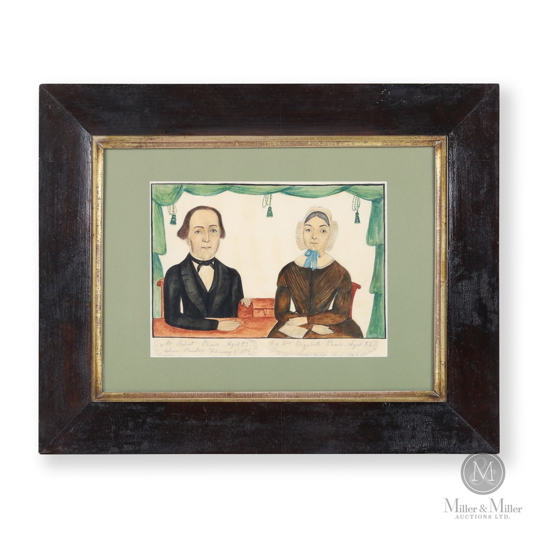 Ontario Watercolour "Mr and Mrs Phair": Canadian. Paper. A naive watercolour on paper of a Mr and Mrs Phair of Sunderland, Ontario. Strong colour with the man sitting at a table and having one hand resting on a deed box while the woman
