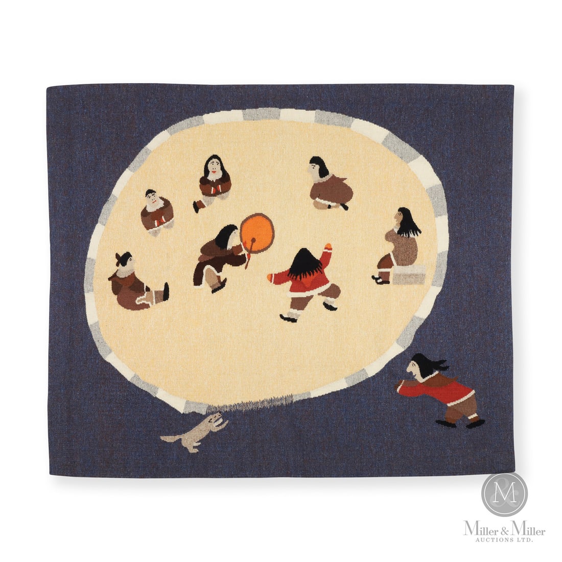 Eshulutak / Akulukjuk Native Wall Hanging: Canadian. Felt. Inuit wall hanging with drum dancers and a dog. Marked, "#261 Dancing and Singing in An Iglu Eleesapee Eshulutak / Olassie Akulukjuk Pangnirtung Canada", back bottom left in syllabic,