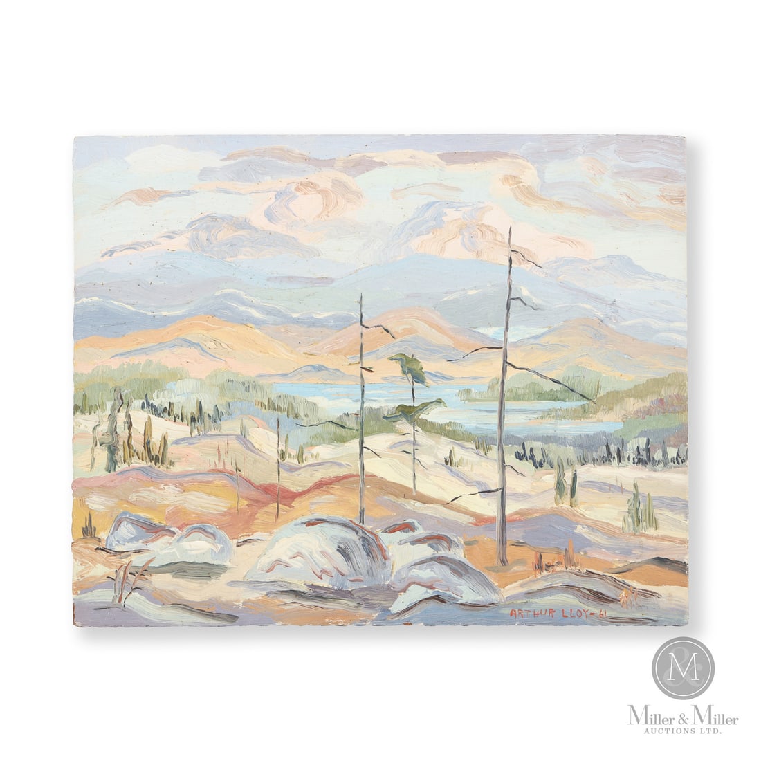 Arthur Lloy "High on a November Barren": Canadian. Masonite board. Oil on masonite by Arthur Lloy (1929-1986) titled verso, "Oil Sketch Nov. 1961 'High On A November Barren' Arthur Lloy 1961". Lloy was a Nova Scotia artist influenced by the