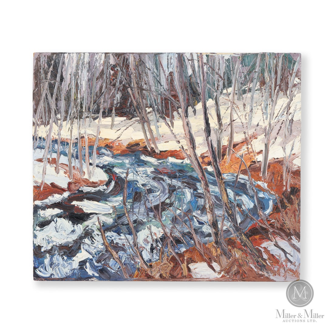 Arthur Lloy (attr)"Spring River" 1967: Canadian. Masonite board. Oil on masonite attributed to Arthur Lloy (1929-1986) titled verso, "Spring River 1967". Lloy was a Nova Scotia artist influenced by the works of The Group of Seven. Signed,