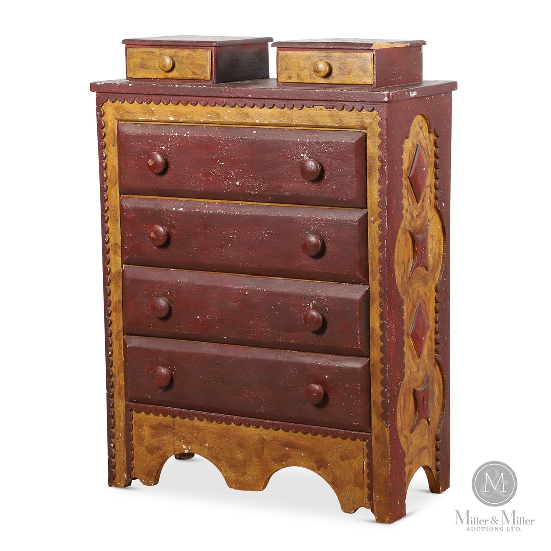 Folk Painted Chest of Drawers: Canadian. Wood. A folky chest of drawers in old red and yellow overpaint with a scalloped frame on the front and sides, and having protruding drawers along with a high-shaped base and two glove