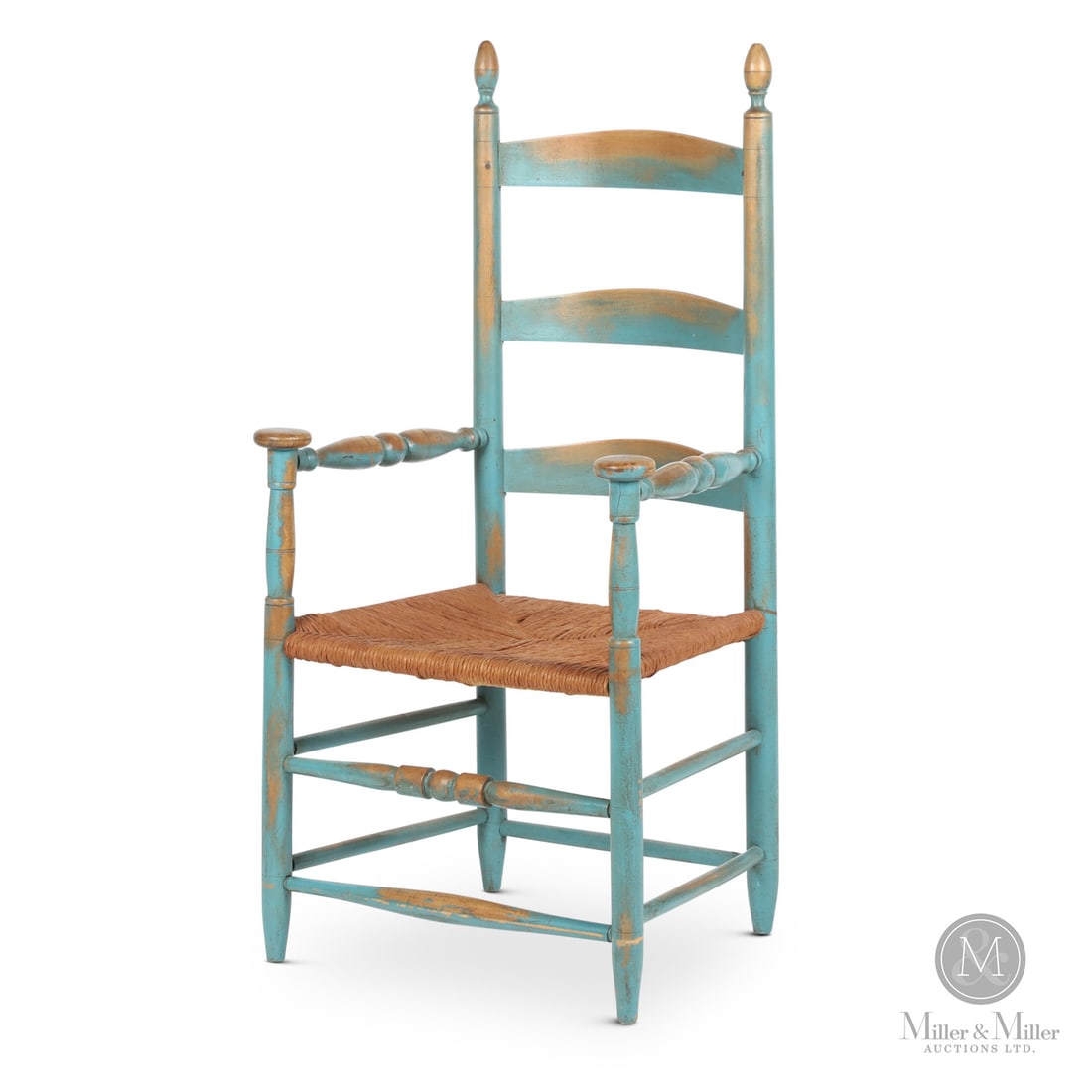 Mushroom Cap Armchair: Canadian. Wood. A slat back armchair with turned armrests and having mushroom caps on the front posts. Paint restored. Ontario, early 19th century. 42" x 21" x 18". 16" Seat Depth. From the late