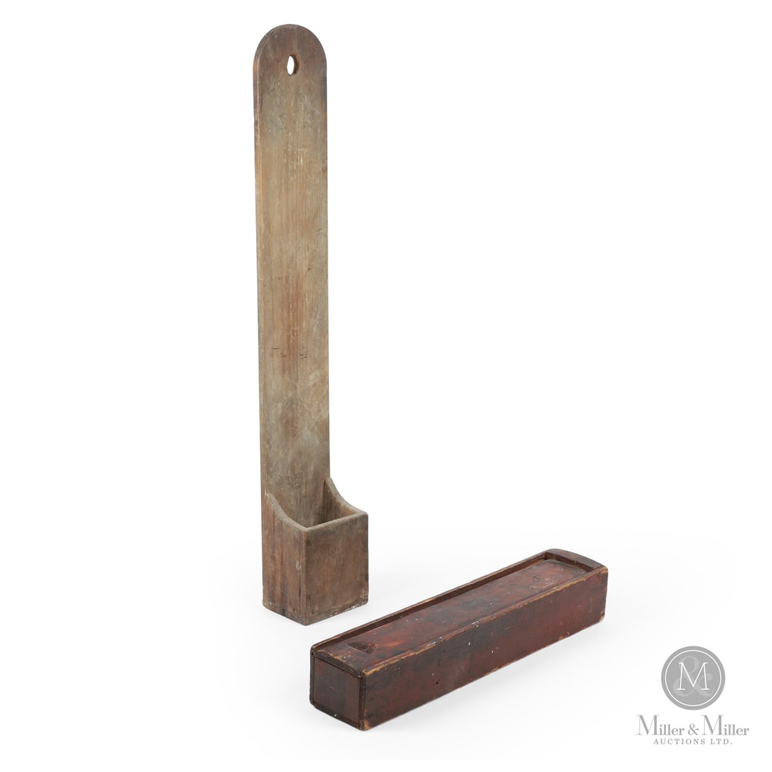 Cape Breton Scouring Box and Candle Box: Canadian. Wood pine. Lot of two, including a mid-19th century Cape Breton pine knife scouring box with the pumice stone included, in untouched original surface, along with a slide top candle/pencil bo