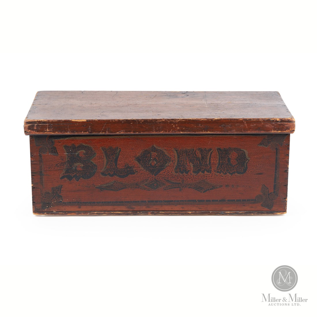 Primitive "Blond" Box: Canadian. Wood. A storage box in original alligator paint with the front having "Blond" in stylized black lettering on the dark varnished surface. Surrounding the text is a black rectangle with a fleu