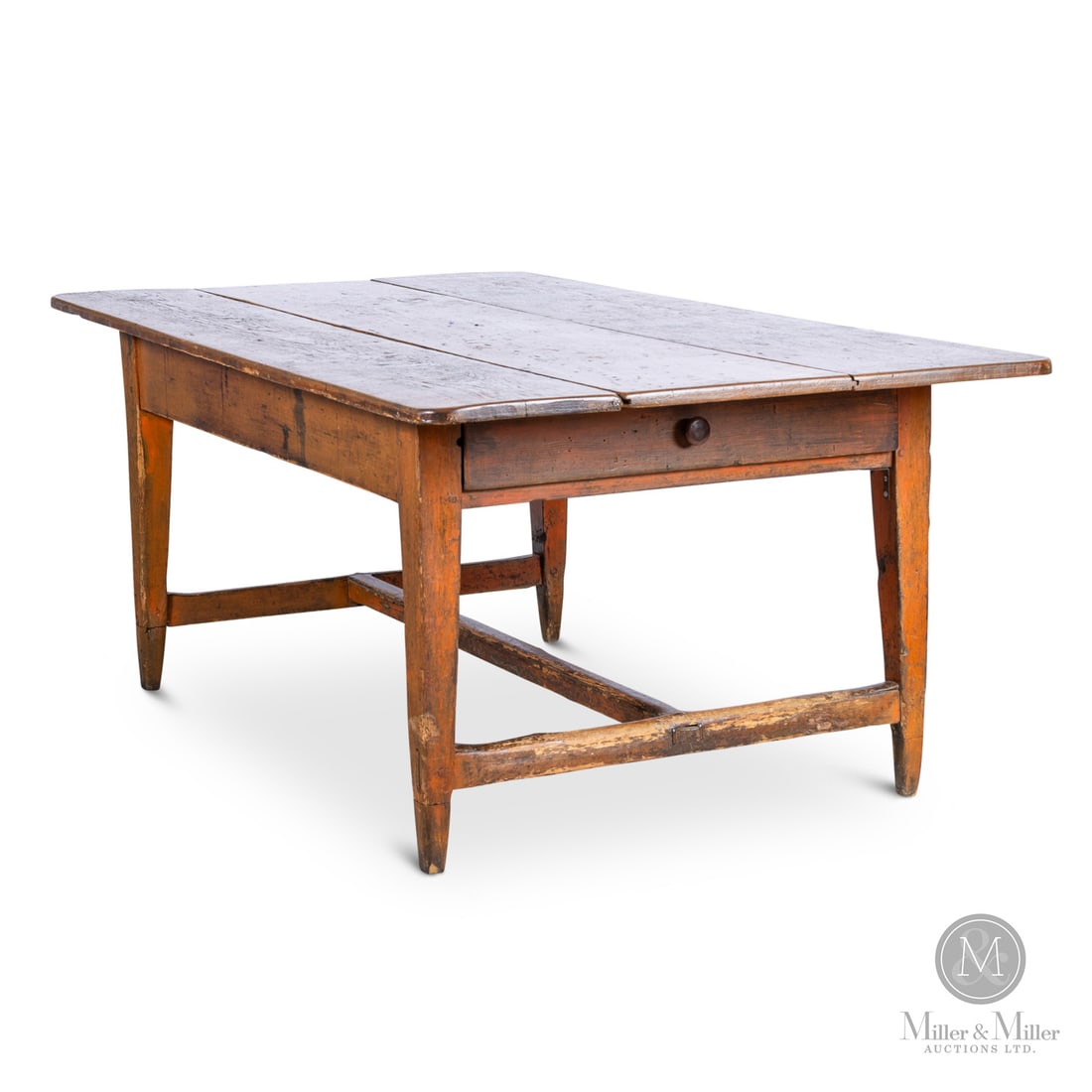Pine Dining Table: Canadian. Wood. From Howard Pain's kitchen, a tapered leg, stretcher base dining table with a large drawer on each end. The three-board top is replaced using old pine planks, the legs have been extend