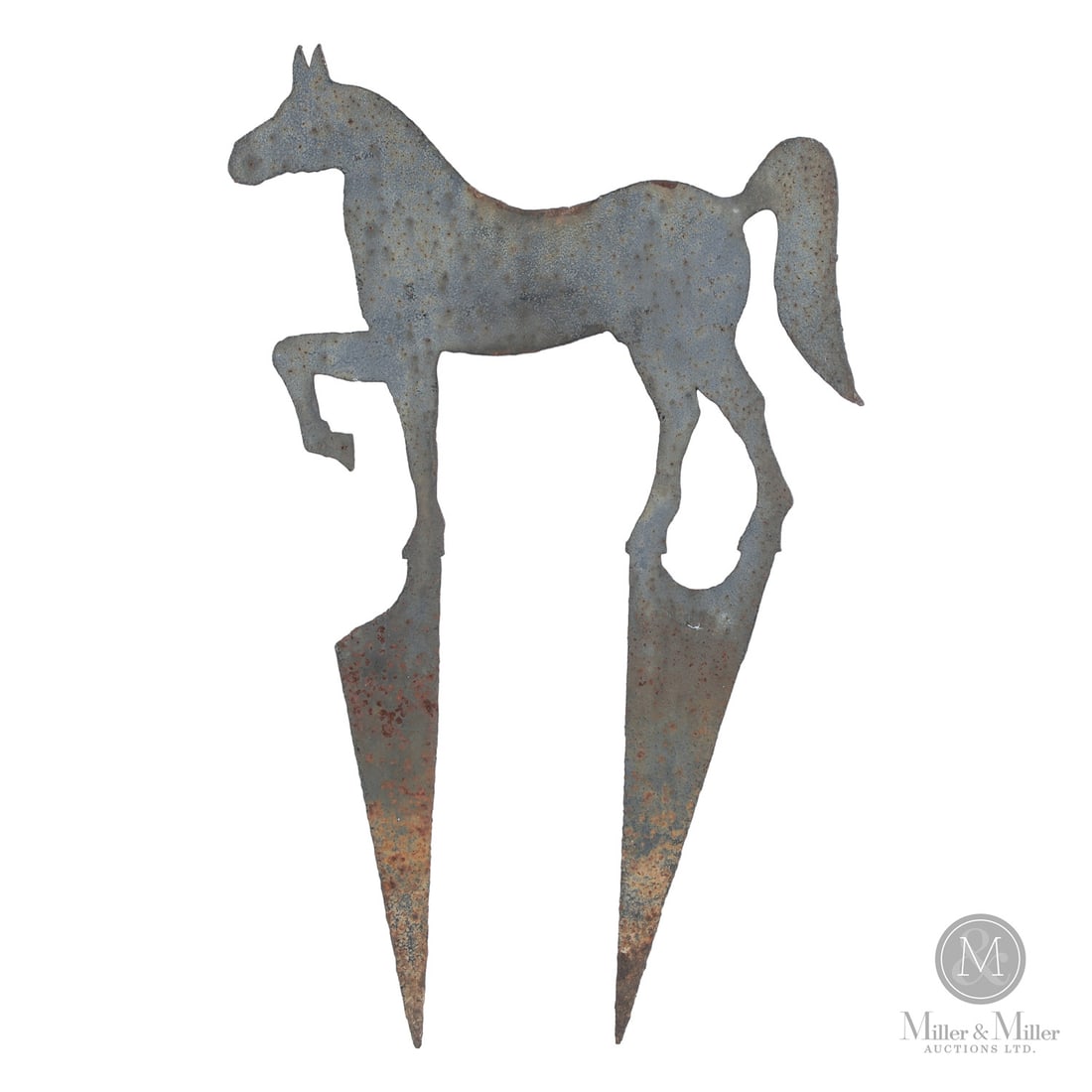 Horse Boot Scraper: Canadian. Metal. A heavy sheet iron boot scraper in the shape of a horse with front leg raised. Tapered spikes allow the horse to be set in the ground or cement. Very good condition with original