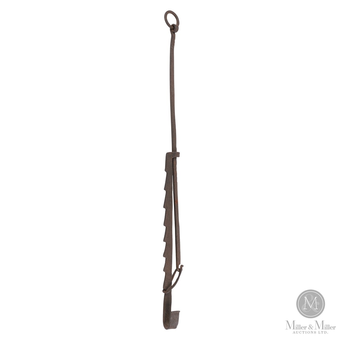 Early Sawtooth Trammel: Canadian. Metal. An 18th century forged iron trammel with sawtooth ratchet adjustment. Very good condition with a lightly pitted surface and original hanging ring. 31" x 3.5" x 1.5". From a long