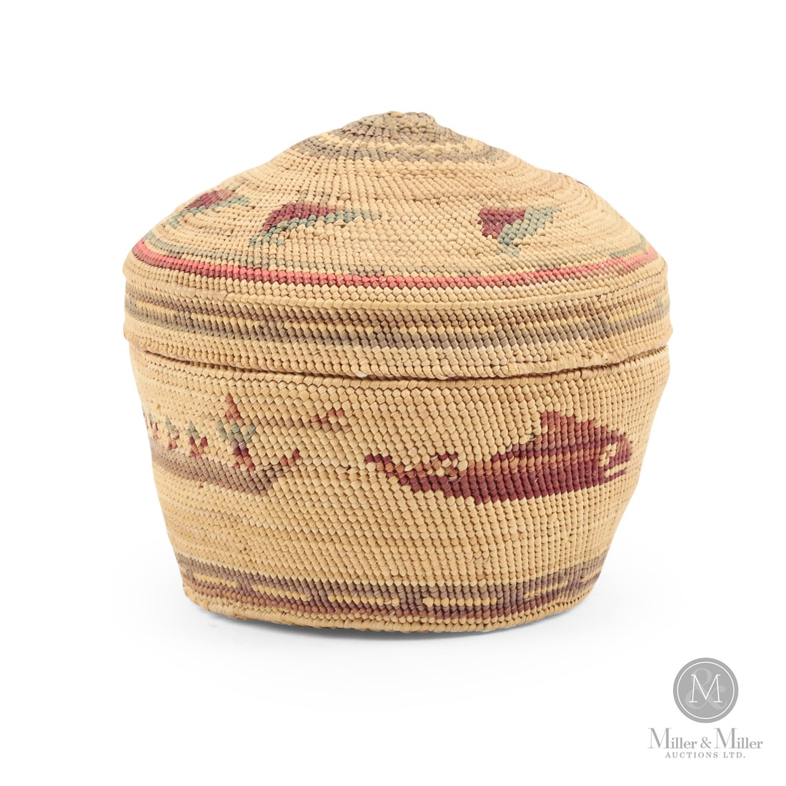 Miniature finely Woven Nuu-chah-nulth Northwest Coast Lidded Grass Basket: Canadian. Sea grass. A small West Coast covered basket with strong colours and imagery, including killer whales, war canoes, and ducks. First quarter 20th century. 3" x 3.25" Dia at widest point.