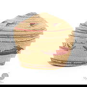 Miniature finely Woven Nuu-chah-nulth Northwest Coast Lidded Grass Basket: Canadian. Sea grass. A small West Coast covered basket with strong colours and imagery, including killer whales, war canoes, and ducks. First quarter 20th century. 3" x 3.25" Dia at widest point.