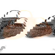 Trio of early Baskets: Canadian. Wood splint. A lot of three 19th-century baskets, including a buttocks basket with great form and patina, minor losses, a second buttocks basket with good patina but with losses to the rim