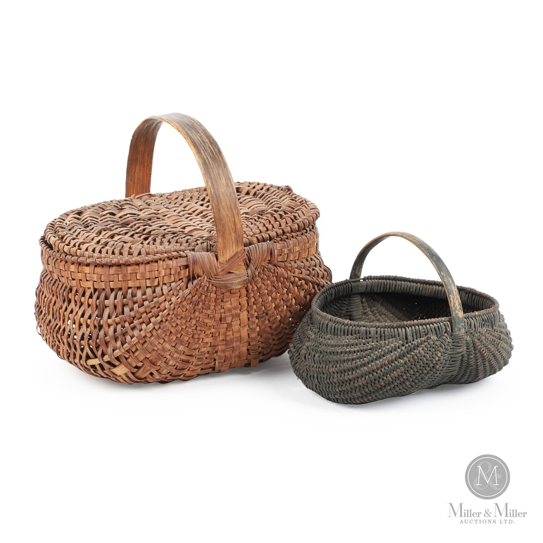 Two woven baskets: Canadian. Wood splint. A lot of two baskets, including a small, finely woven 19th-century buttocks basket in an original oxidized green (near black) paint. Displays well, the rim is intact, and the