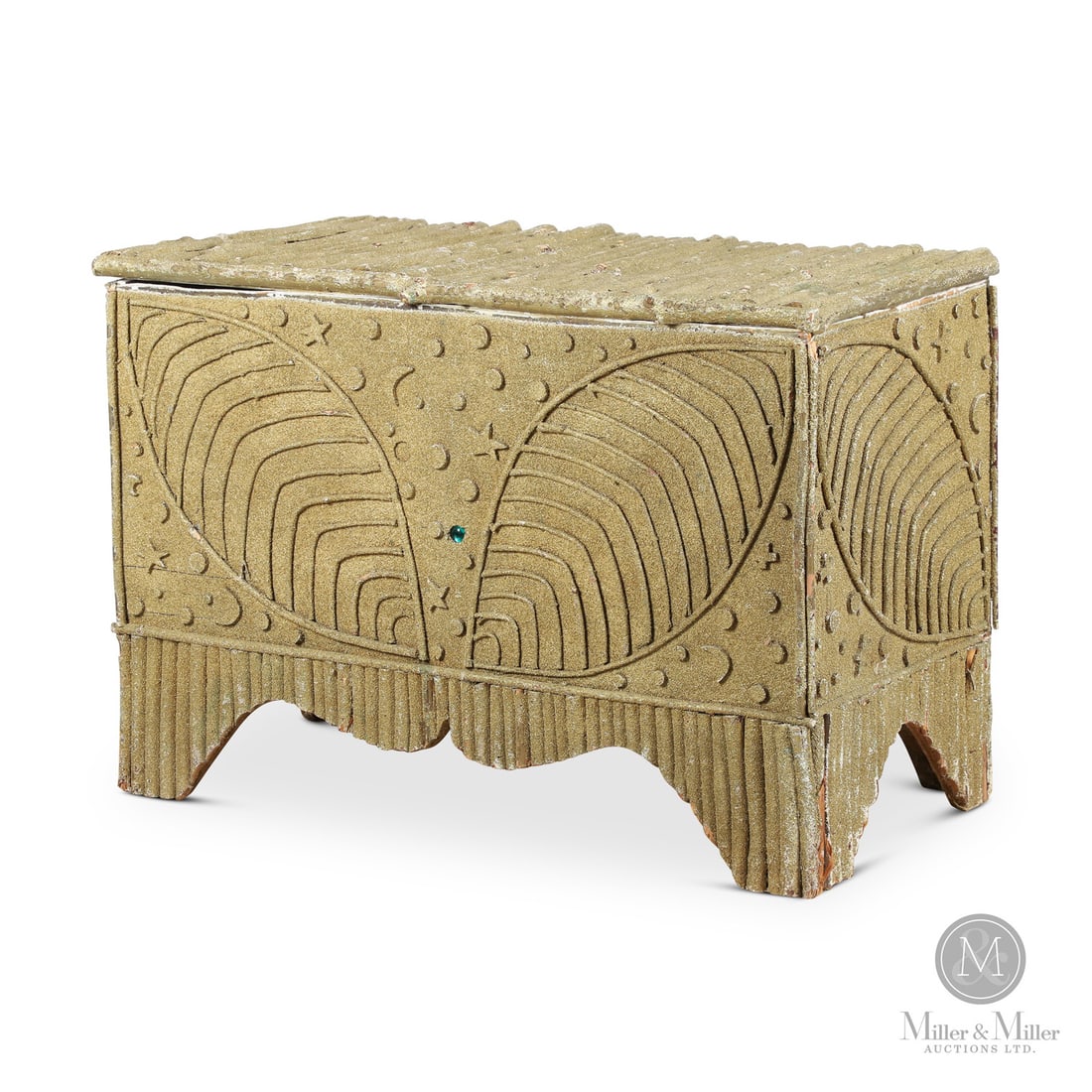 "Adirondack" Twig Storage Chest: Canadian. Wood. A small storage or blanket chest in the "Adirondack" style with applied twig decoration and a gold-painted sand smaltz surface. Having a high-shaped base decorated with vertically