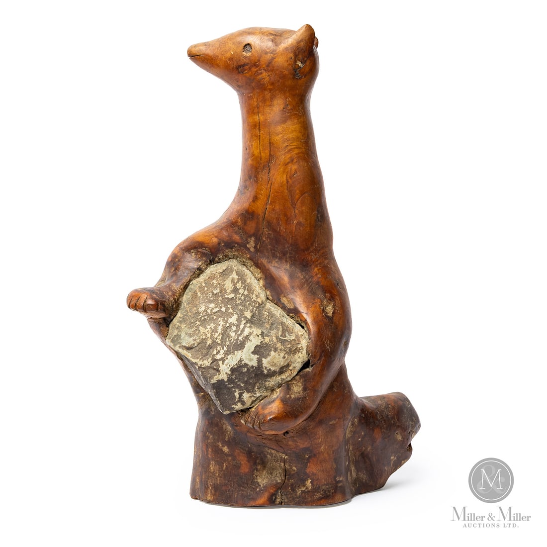 Ralph Eyre Bear Sculpture: Canadian. Wood. A creative sculpture by Ralph Eyre (1917-2007) of a standing bear holding a rock, made from natural maple root growth. Great form, patina, and imagination. Yarmouth, Nova Scotia,