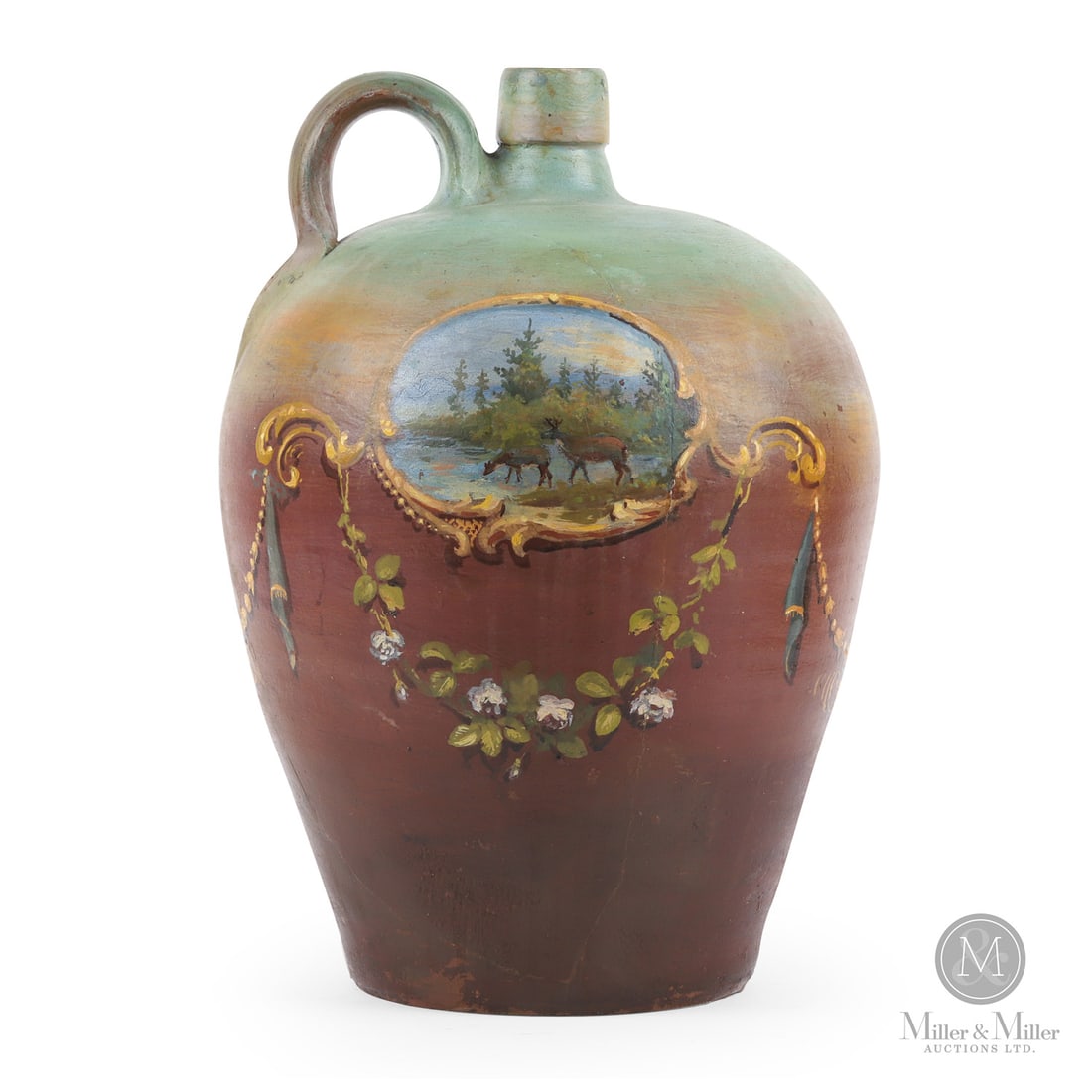 Ovoid Jug with "Adirondack" Scenes: British. Ceramic. An ovoid redware jug having exquisitely painted "Adirondack" scenes, with one side showing a hunter standing beside his canoe, blowing a moose call, while the other side has a