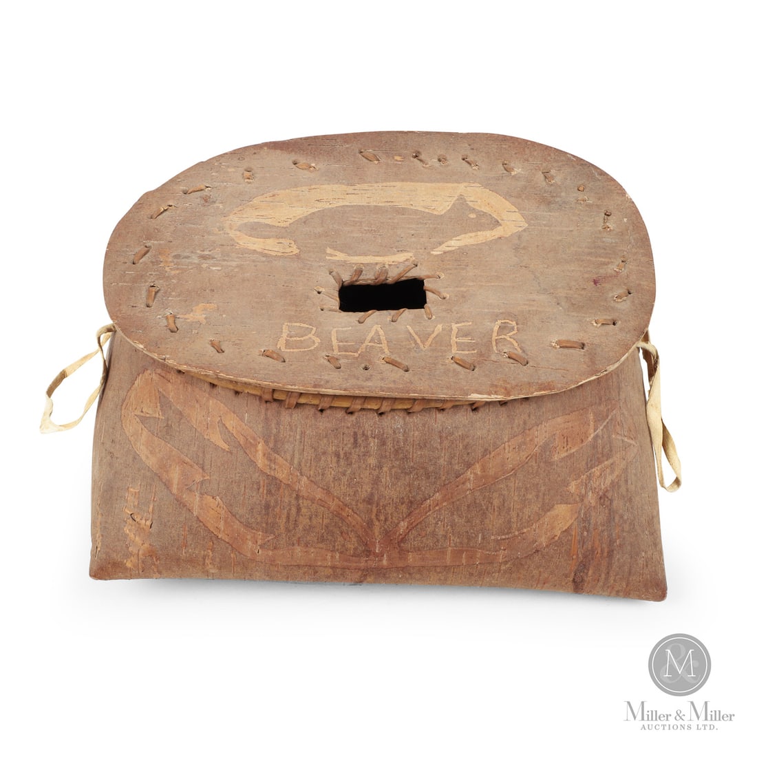 Beaver Birchbark Fishing Creel: Canadian. Birchbark. Birchbark creel with scratch design of a beaver on the lid, two fish on the front, and two geese on the back. Good condition with minor loss to the spruce root rim wrap. Mid 20th
