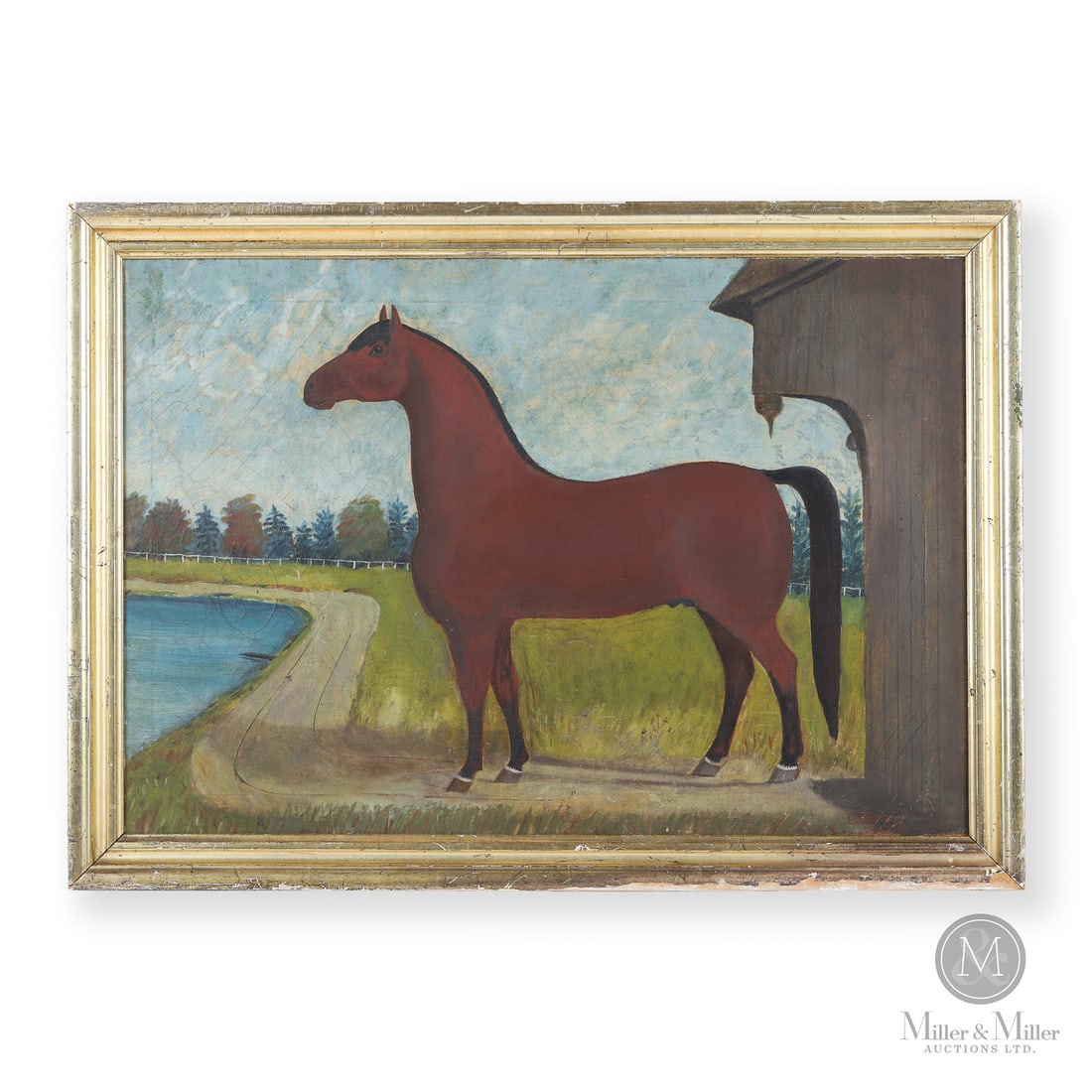 Folk Art Horse Painting: Canadian. Artist board. An oil on artist board horse portrait signed and seemingly dated (illegible), and marked, "Ont". Good condition in a period gold painted frame. The frame has a rough surface,