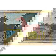 Folk Art Horse Painting: Canadian. Artist board. An oil on artist board horse portrait signed and seemingly dated (illegible), and marked, "Ont". Good condition in a period gold painted frame. The frame has a rough surface,