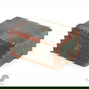 Folk Painted Dresser Box: Canadian. Wood. A folk painted dresser box with the top, front and sides having a gold star on an oxidized blue background within a painted red and yellow border. The box is dovetailed and retains