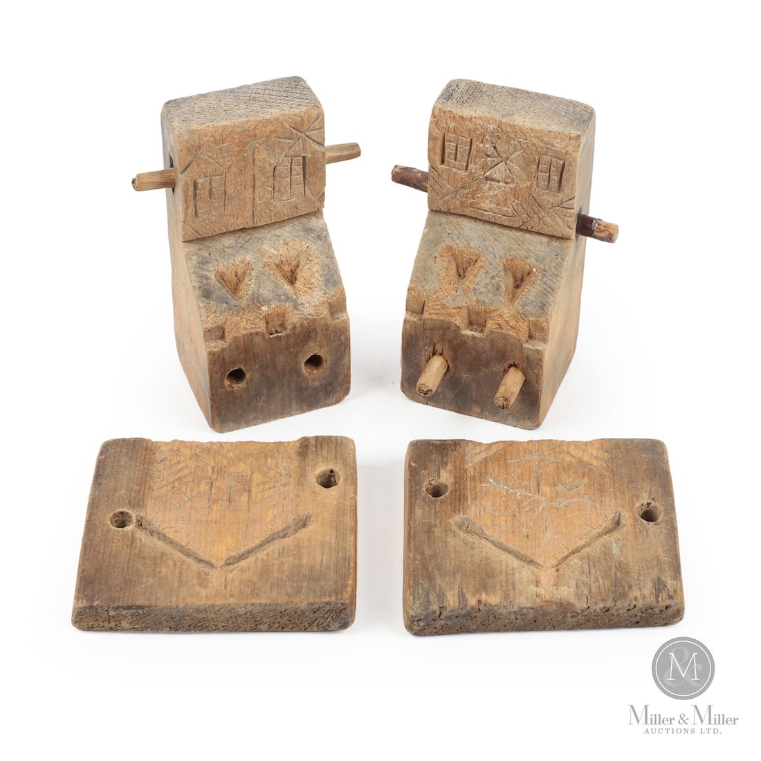 Early House Sugar Mold: Canadian. Wood. A pine maple sugar mold of a house with dormer windows. Good patina, retains original pegs, rodent chewing marks around dormers and chimneys. Quebec, 19th century. Closed: 4.25" x 6" x