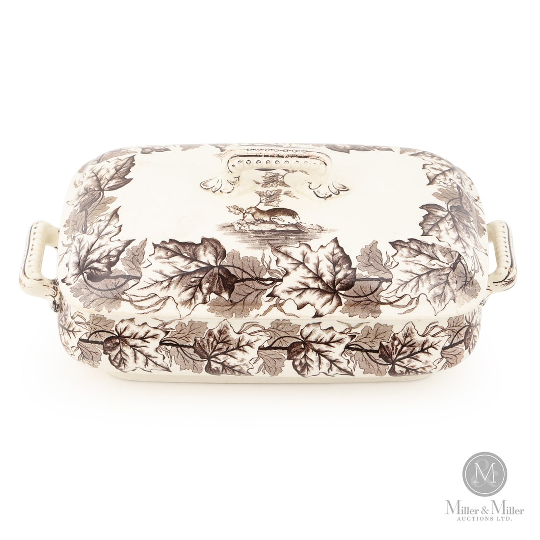 "T. Furnival & Sons" Covered Serving Dish: English. Ceramic. A covered Furnival serving dish in brown transfer print with two beavers on the lid and one inside the bowl. Marked on the base, "Maple T. Furnival & Sons". Very good condition,