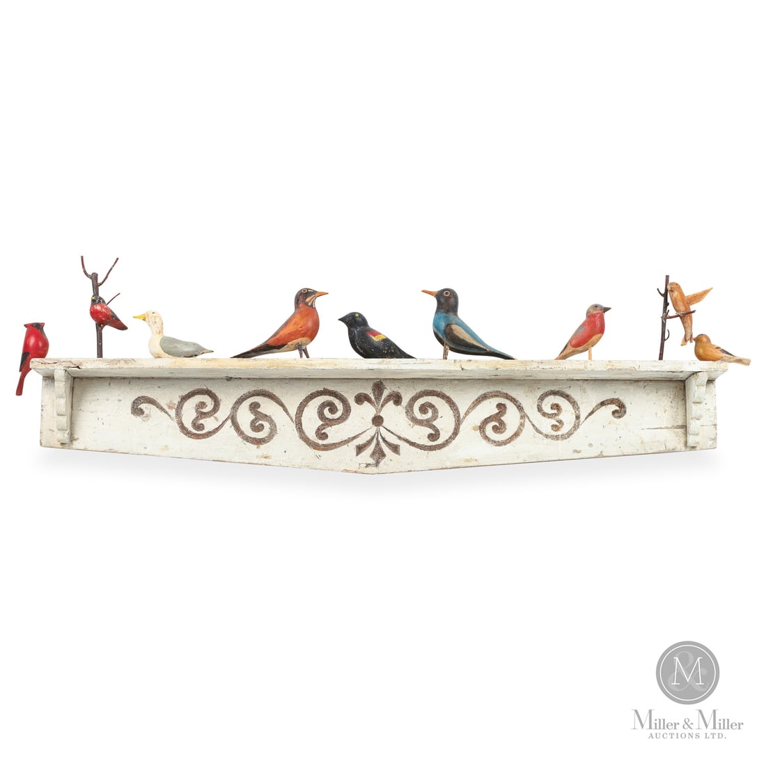 Folk Art Shelf with Bird Carvings: C. 1960. Painted and carved wood. Nine impressively carved and painted songbirds conveniently mounted on a white painted shelf. The carvings show a high level of skill, and the artist took time to