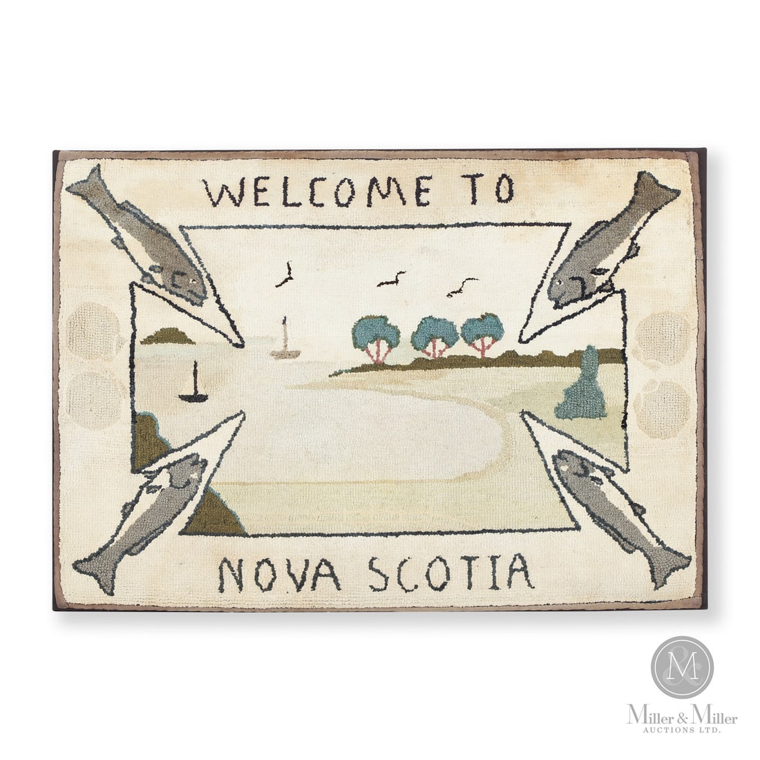 "Welcome to Nova Scotia" Hooked Rug: Canadian. Cotton, wool. An unusual hooked rug "Welcome to Nova Scotia," with a fish in each corner pointing inwards to a central fishing cove scene with sailboats, seagulls, and trees on the shore.
