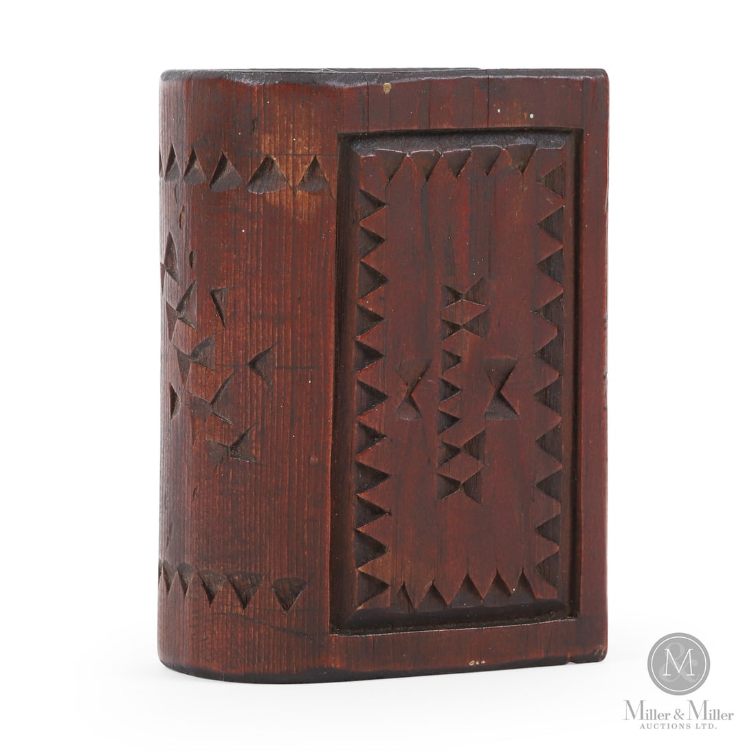 Chip Carved Spruce Gum Box: Canadian. Wood. A chip-carved spruce gum box with natural dark patina. Very good condition, retains original top and bottom slide lids. Late 19th century. 4.5" x 3" x 2.25". From the late Cathy