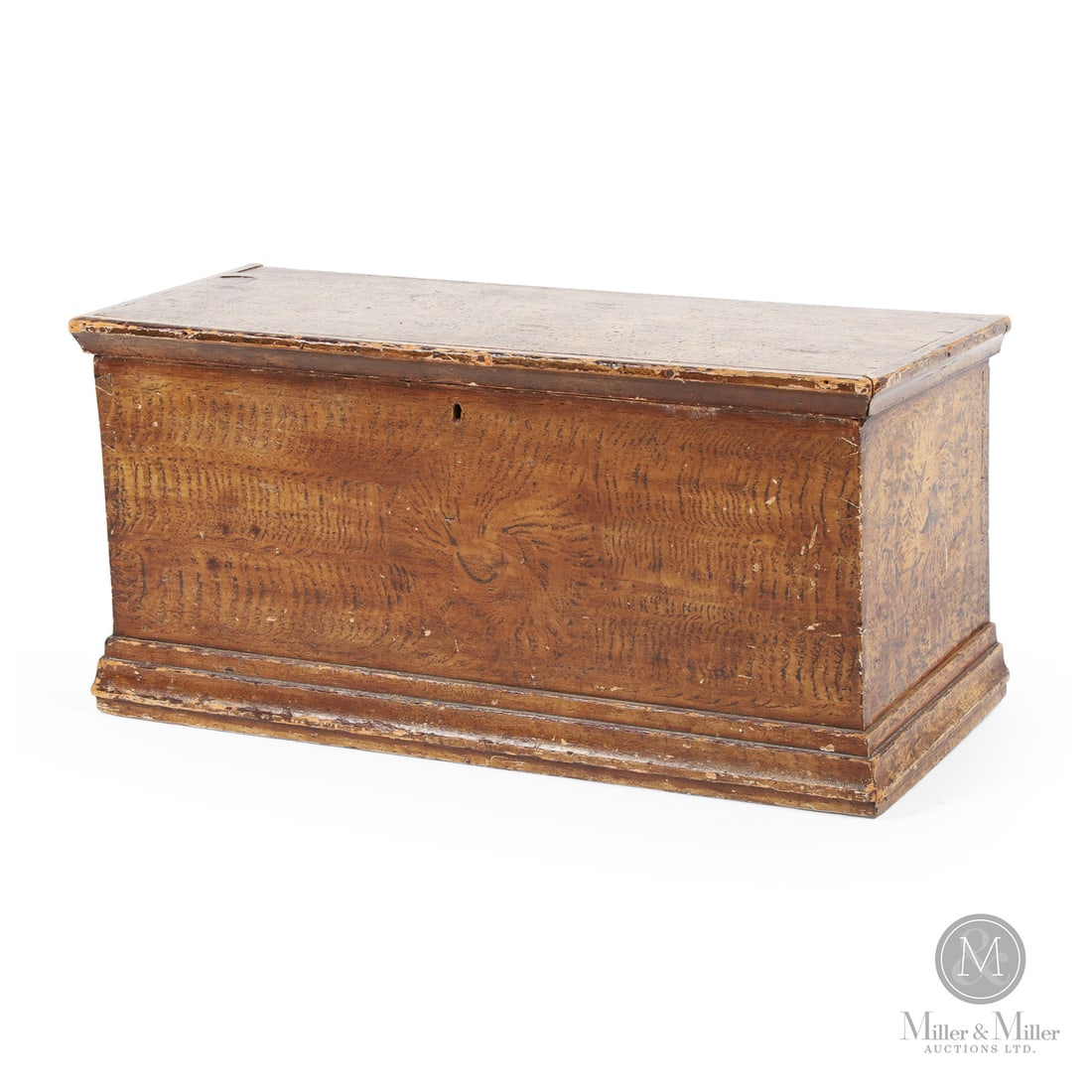 Lunenburg County Blanket Box: Canadian. Wood. A Nova Scotia pine blanket chest with strong sponged paint in yellow and brown. Very good condition with original cast butt hinges. Lunenburg County, C. 1840. 15.25" x 33" x 14". From
