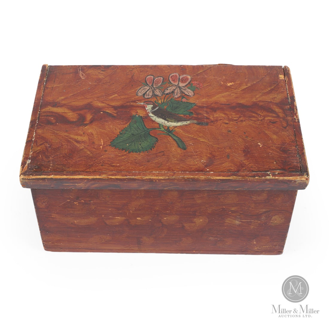 Quebec Deed Box with Bird: Canadian. Wood. A simple pine deed box with a polychrome bird on a floral branch at the centre of the top and in an overall daub-painted original surface. Very good condition, with a replaced leather
