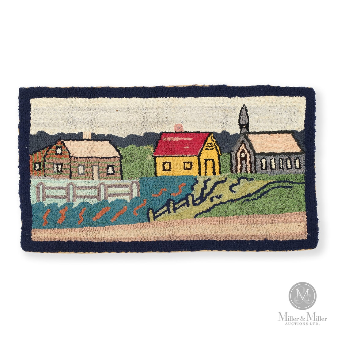 Village Scene Hooked Rug: Canadian. Wool. A very colourful hooked rug of a scene showing a house, barn, and a church. Quebec, mid-20th century. 22" x 38.5". From the Jon and Lyne Dellandrea Collection. Canadian. A very