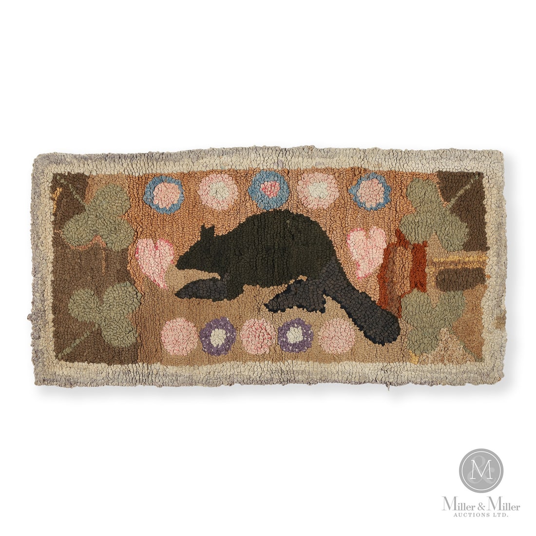 Beaver Hooked Rug: Canadian. Wool, cotton. Hooked rug of a beaver with four clovers, colourful flowers, and two hearts. With a hanging sleeve. Good condition, minor edge fray and minor soil on right edge. 2nd quarter 20