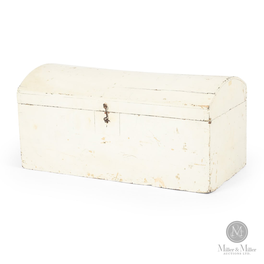 White Dome Top Chest: Canadian. Wood. A dome top storage chest in old white overpaint. Dovetailed with cast butt hinges, lock missing. Good condition with a tight age crack on the lid. Second quarter 19th century. 13" x