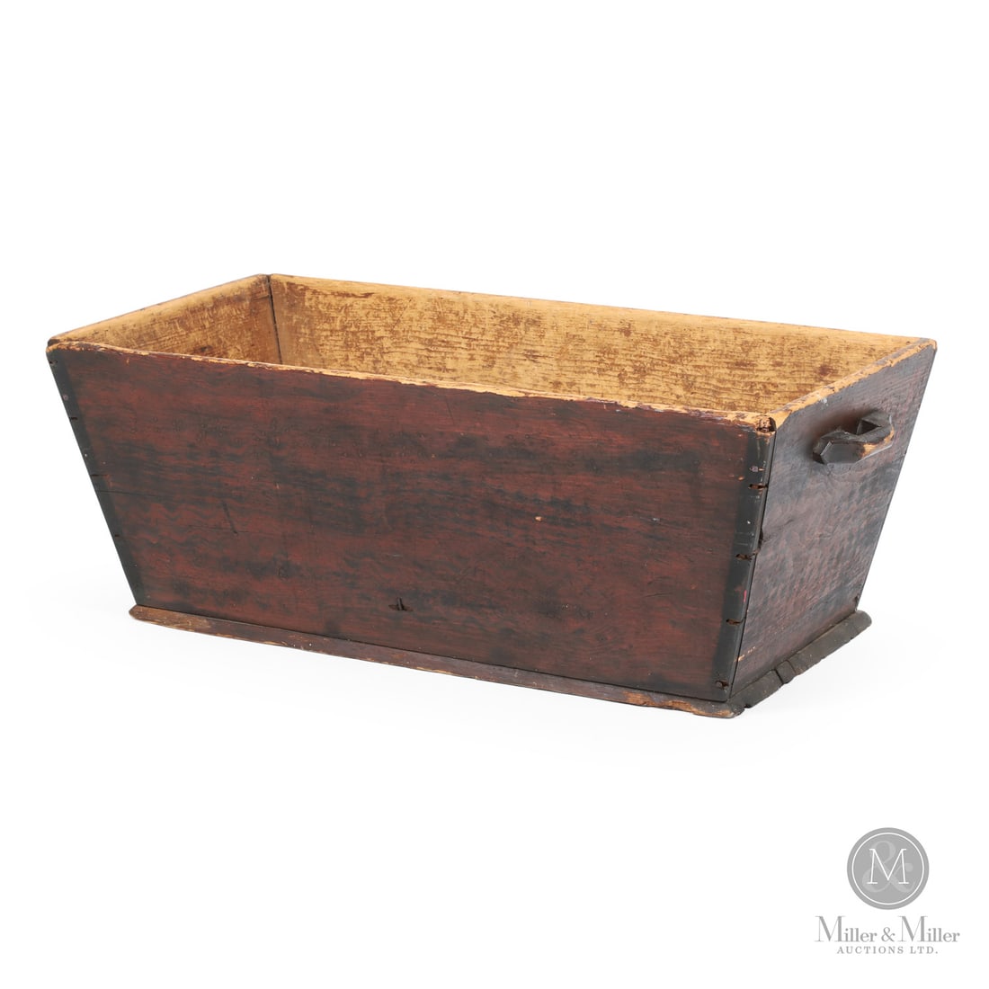 Mahone Bay Dough Box: Canadian. Wood pine. A tabletop pine dough box from Mahone Bay, Nova Scotia, in untouched as-found condition, having original red and black paint. Good condition, missing lid and with a mouse hole in