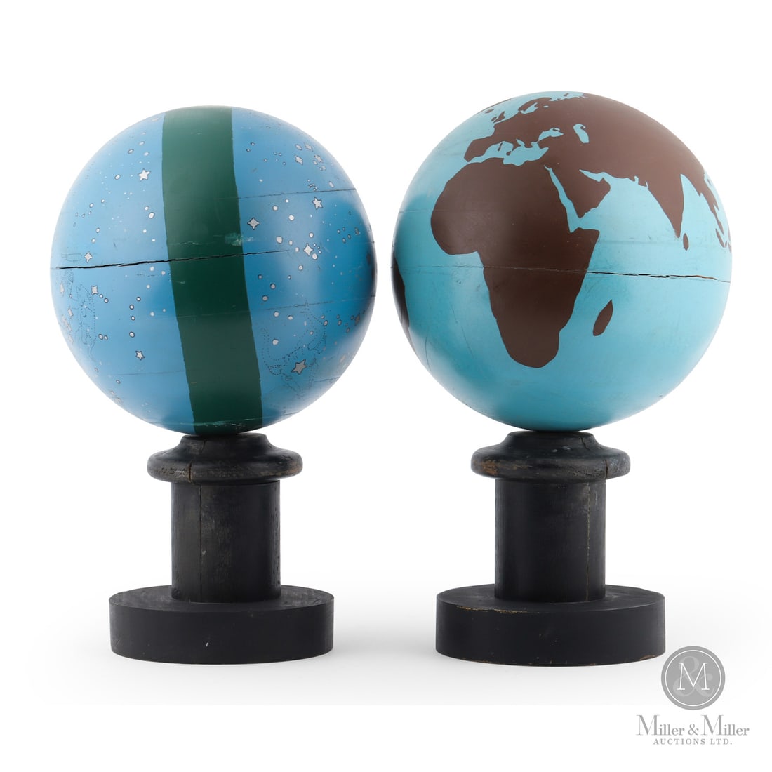 Celestial and Earth Globes: Canadian. Wood. A pair of folk art globes- Celestial and Earth- made in Caledonia, Nova Scotia and mounted on their original wooden pedestals. Very good condition, Masonite construction, shrinkage