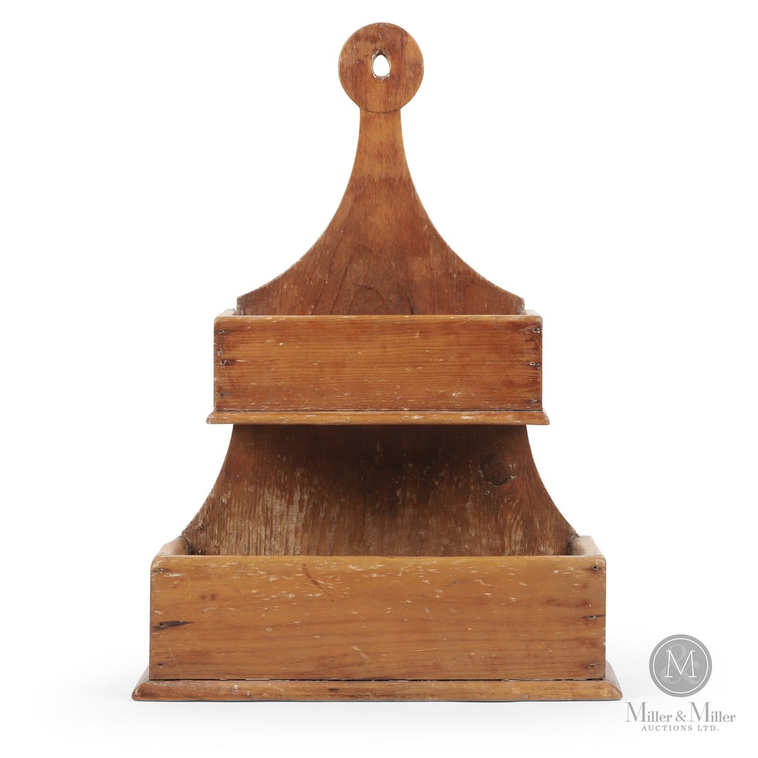 Two-Tier Lollipop Wall Box: Canadian. Wood. A two-tier pine wall box with shaped sides and a lollipop back. Very good condition, square nails, refinished dry surface. Second quarter 19th century. 17.5" x 12.5" x 5.5". From a lon