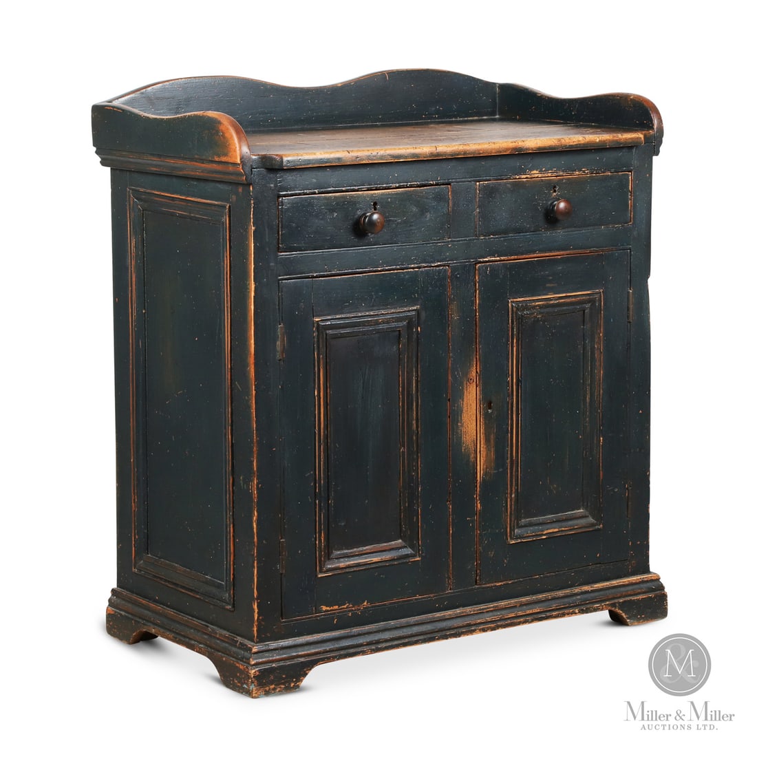 Buffet with Gallery: Canadian. Wood pine. An Ontario pine sideboard/buffet with a top gallery and having two drawers, two doors, a bracket base, and flush panels on the front and sides. Good condition, original shelves,