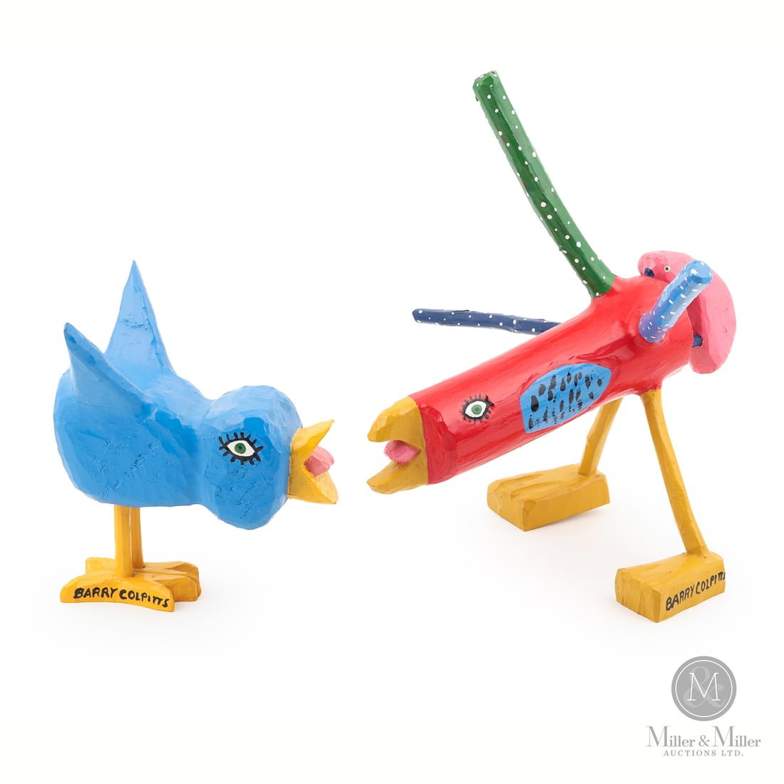 Pair of Barry Colpitts Singing Birds: Two brightly painted birds seem to be confronting (or singing) to one another. Neither is backing down.