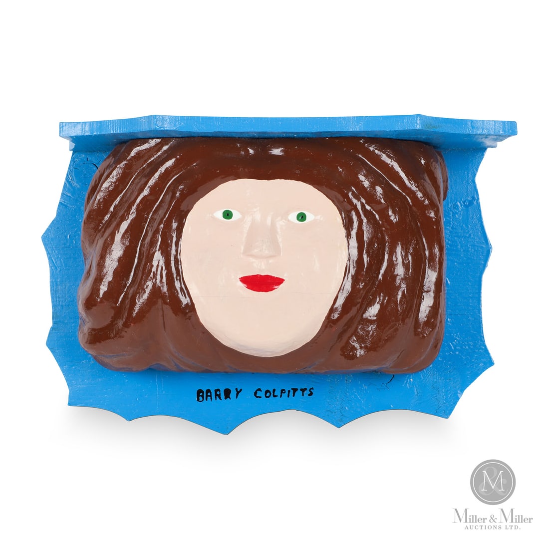 Barry Colpitts Shelf: An interesting carved and painted scalloped-edge wooden shelf. The shelf is supported by the head of a woman carved with dark brown hair, contrasting the blue shelf.