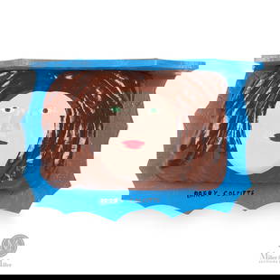 Barry Colpitts Shelf: An interesting carved and painted scalloped-edge wooden shelf. The shelf is supported by the head of a woman carved with dark brown hair, contrasting the blue shelf.