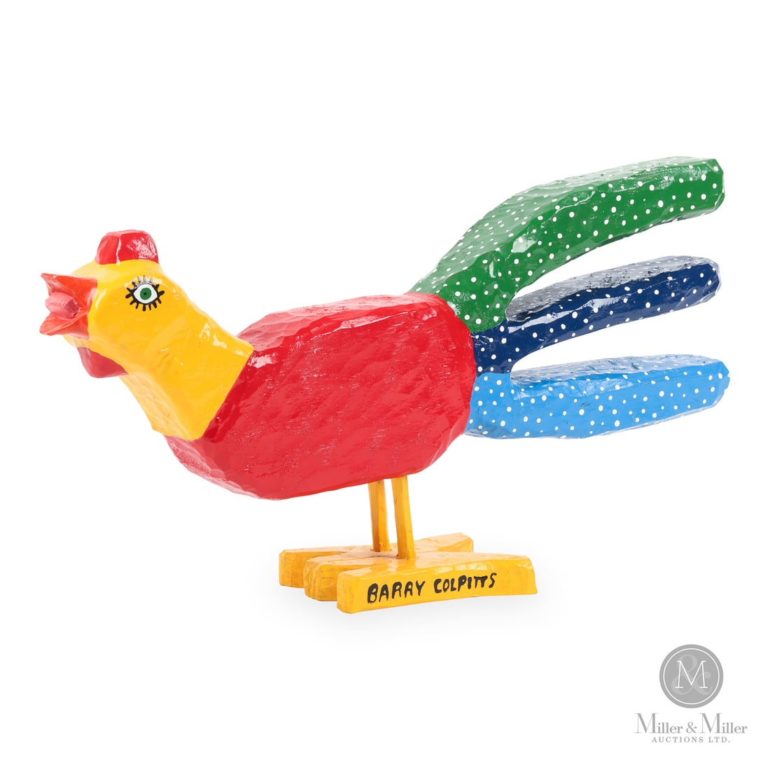 Barry Colpitts Running Rooster: Barry Colpitts (1960 - ) is known for carving bright and colourful birds and animals. Here his running rooster appears to be making the first call of the day.