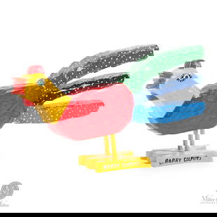 Barry Colpitts Running Rooster: Barry Colpitts (1960 - ) is known for carving bright and colourful birds and animals. Here his running rooster appears to be making the first call of the day.