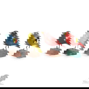 Wilfrid Richard Song Bird Carvings: Wilfrid Richard (1894-1996) had a knack for carving accurate and colourful birds. These four songbirds are well-carved and painted; late creations in his illustrious career.