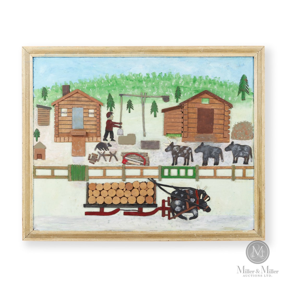 Ewald Rentz Logging Camp Diorama Painting: This unusual and possibly unique painted diorama was created by Ewald Rentz (1908 - 1995). In this logging camp bystanding oxen watch the proceedings. A pair of oxen pull a cart loaded with logs in th