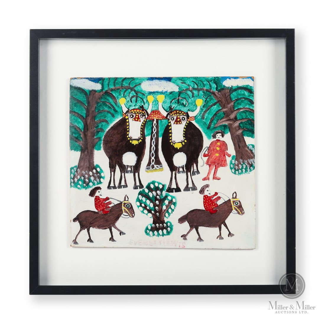 Everett Lewis Yoke of Oxen in Winter with Two Horses: Everett Lewis' (1893-1979) subject matter extended the themes seen in the works of his late wife Maud Lewis. In this winter scene a pair of large oxen are shown with a young lady standing to their rig