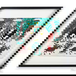 Everett Lewis Yoke of Oxen in Winter with Two Horses: Everett Lewis' (1893-1979) subject matter extended the themes seen in the works of his late wife Maud Lewis. In this winter scene a pair of large oxen are shown with a young lady standing to their