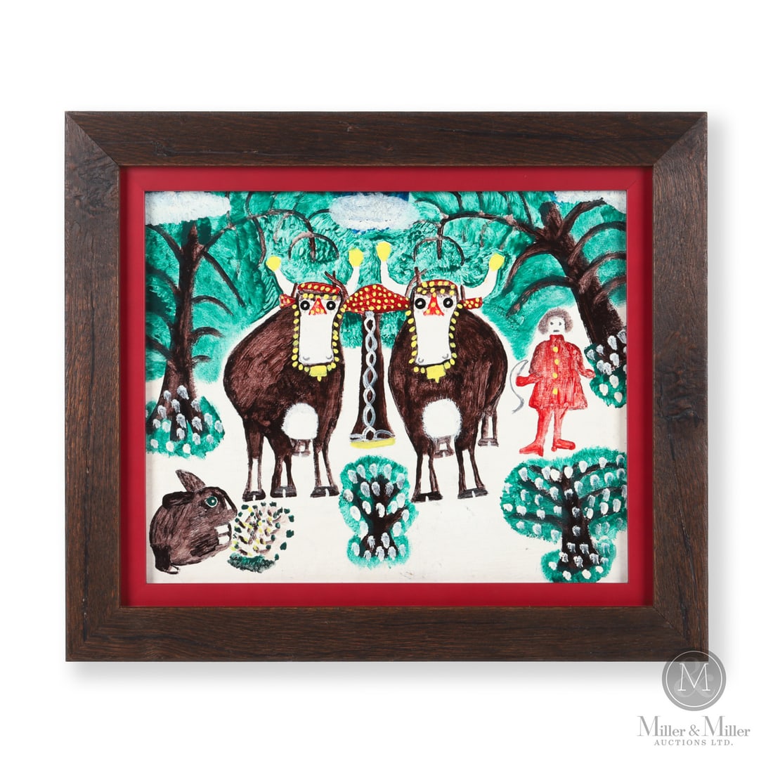 Everett Lewis Oxen with Maud: Everett Lewis' (1893-1979) subject matter extended the themes seen in the works of his late wife Maud Lewis. In this winter scene a pair of oxen in fancy harnesses are shown as a young girl stands in