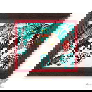 Everett Lewis Oxen with Maud: Everett Lewis' (1893-1979) subject matter extended the themes seen in the works of his late wife Maud Lewis. In this winter scene a pair of oxen in fancy harnesses are shown as a young girl stands